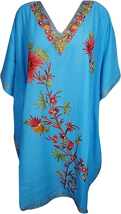 Women Blue Midi Kaftan Dress Embellished Boho Resort Wear Summer Caftan One Size