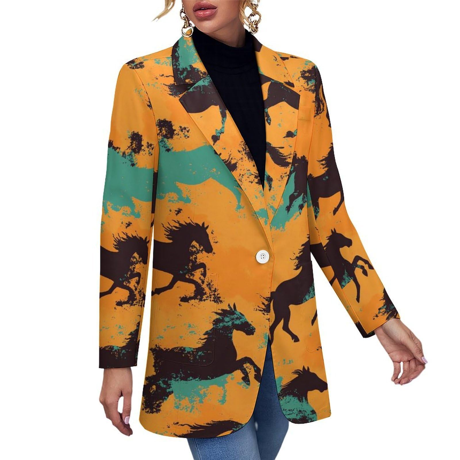 Orange Camouflage Horse Racing Blazer for Women Casual Long Sleeve Open Front Lapel Suit Jacket Business Coat