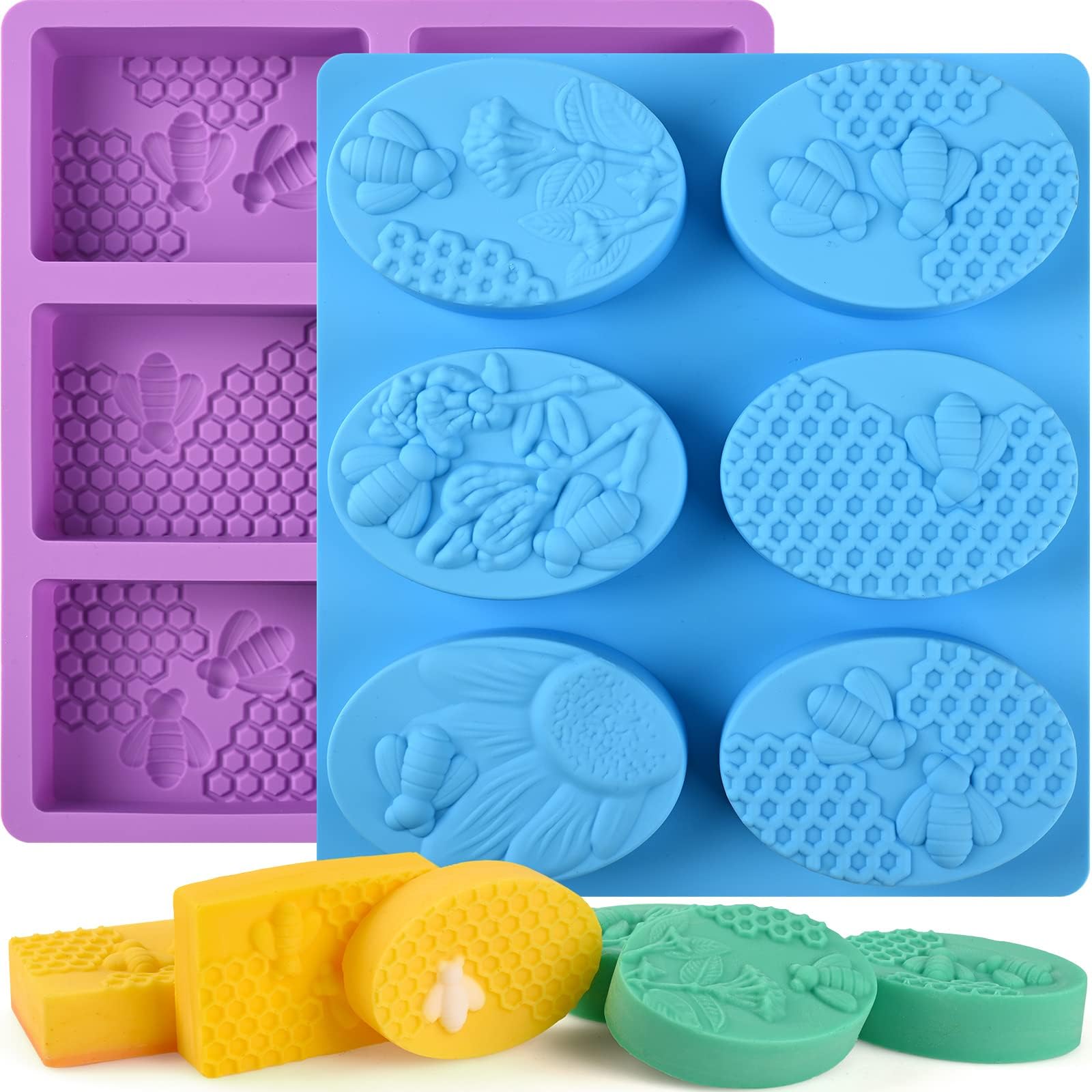 Sakolla 2 Pack 6 Cavity Bee Silicone Soap Molds Rectangle Oval Honeycomb Silicone Molds Loaf Handmade Molds for Soap Making Supplies DIY Wax Melts, Beeswax, Cake Chocolate Bakeware