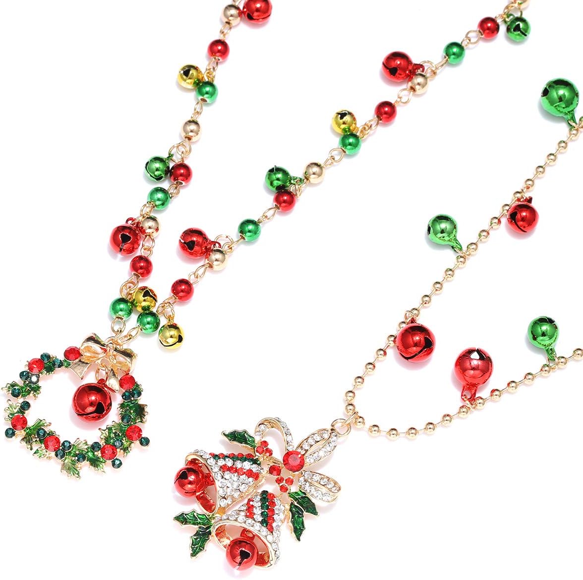 Christmas Necklace for Women Christmas Bell Wreath Pendant Necklace Long Jingle Bell Chain Xmas Festive Necklace 2 Pieces - Image 2