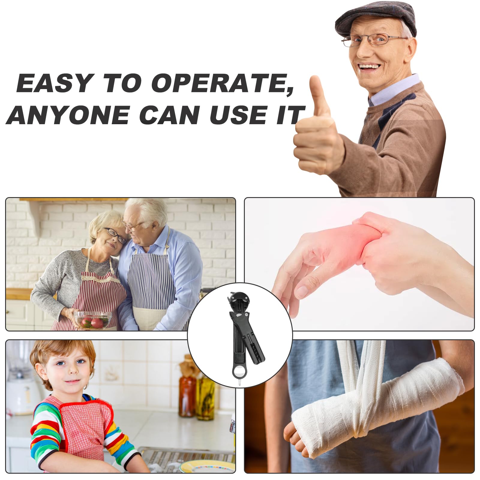 Abridor de botellas y abridor de botellas 7 en 1 para personas mayores con artritis, manos débiles, abrelatas magnético multiretráctil, herramienta original para abrir tapas de cocina (negro)