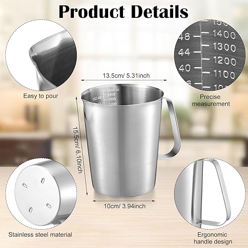 Miniatura 9 de Tazas medidoras de acero inoxidable, 3 piezas, jarra medidora con asa, taza medidora con marcas para arte con leche, verter agua de 16 onzas (2