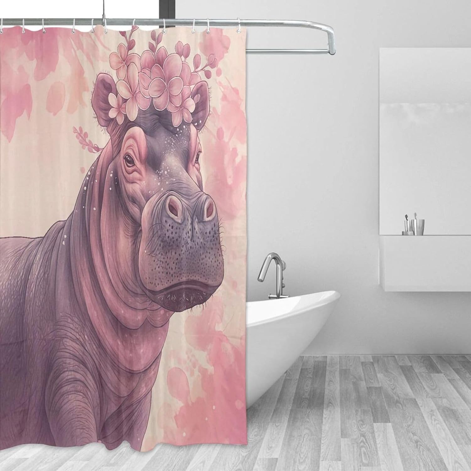 Hippo with Blossom Wreath Shower Curtain for Bathroom,Machine Washable Modern Shower Curtains, Waterproof Fabric Shower Curtain with 12 Pcs Hooks, 72x72 in