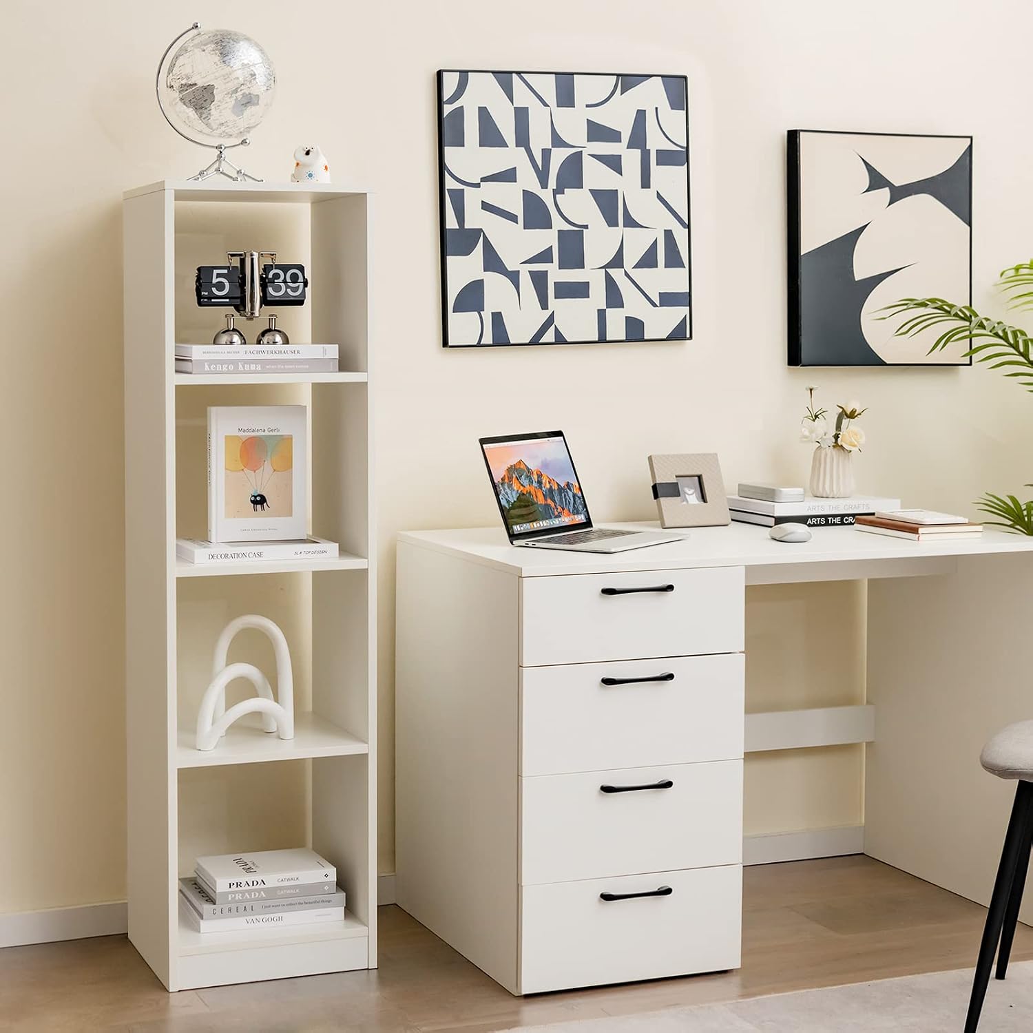 LOKO 4 Cube Vertical Bookcase, 56” Tall Narrow Freestanding Bookshelf with Anti-toppling Fittings, 5-Tier Cube Storage Organizer Display Shelf for Living Room, Study or Bedroom (1, White)