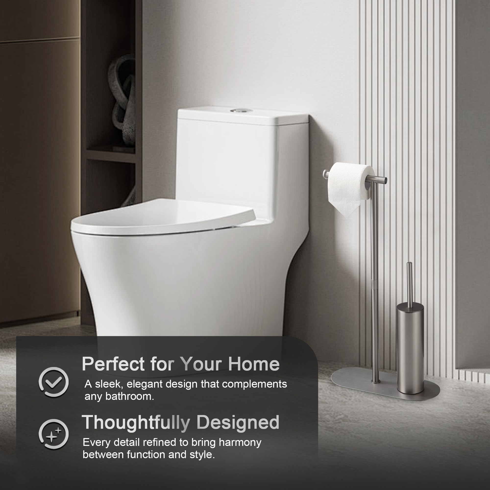 DAZI Toilettenpapierhalter mit WC-Bürste, freistehend, Gebürstetes Nickel | Aus Edelstahl mit 2 Bürstenköpfen in Silikon- und PP-Ausführung – für Bad, Wohnung und Gästetoilette