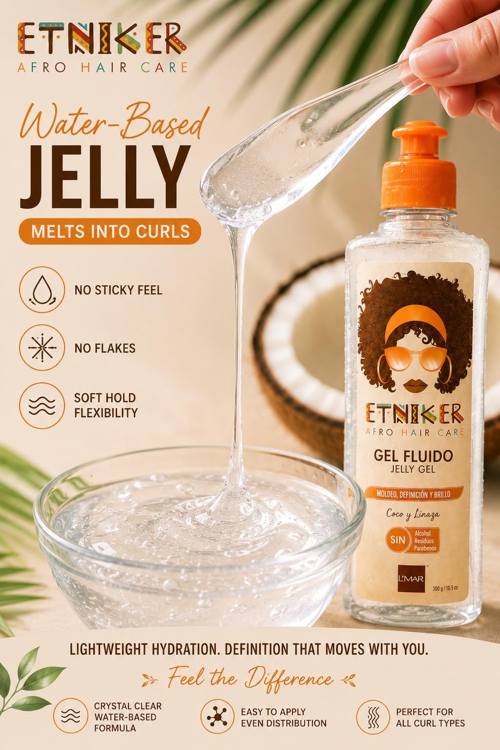 L'MAR Etniker Gel Afro Cuidado del Cabello Residuos sin Alcohol y Linaza, Gel Etniker Fluido Coco y Linaza Moldeo Definición y Brillo Sin Alcohol Residuos Parabenos 10.5Oz-300ml