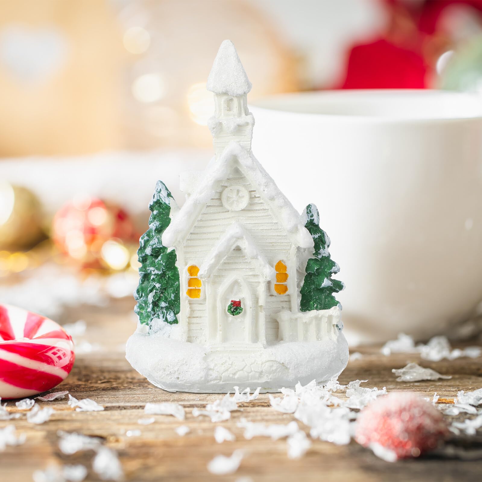 3 Szt. Częściowy Miniaturowych Domków Świątecznych z Żywicy Podświetlane LED Unikalne Dekoracje Świąteczne Stół i Tworzące Przytulną Atmosferę Zimową Domu