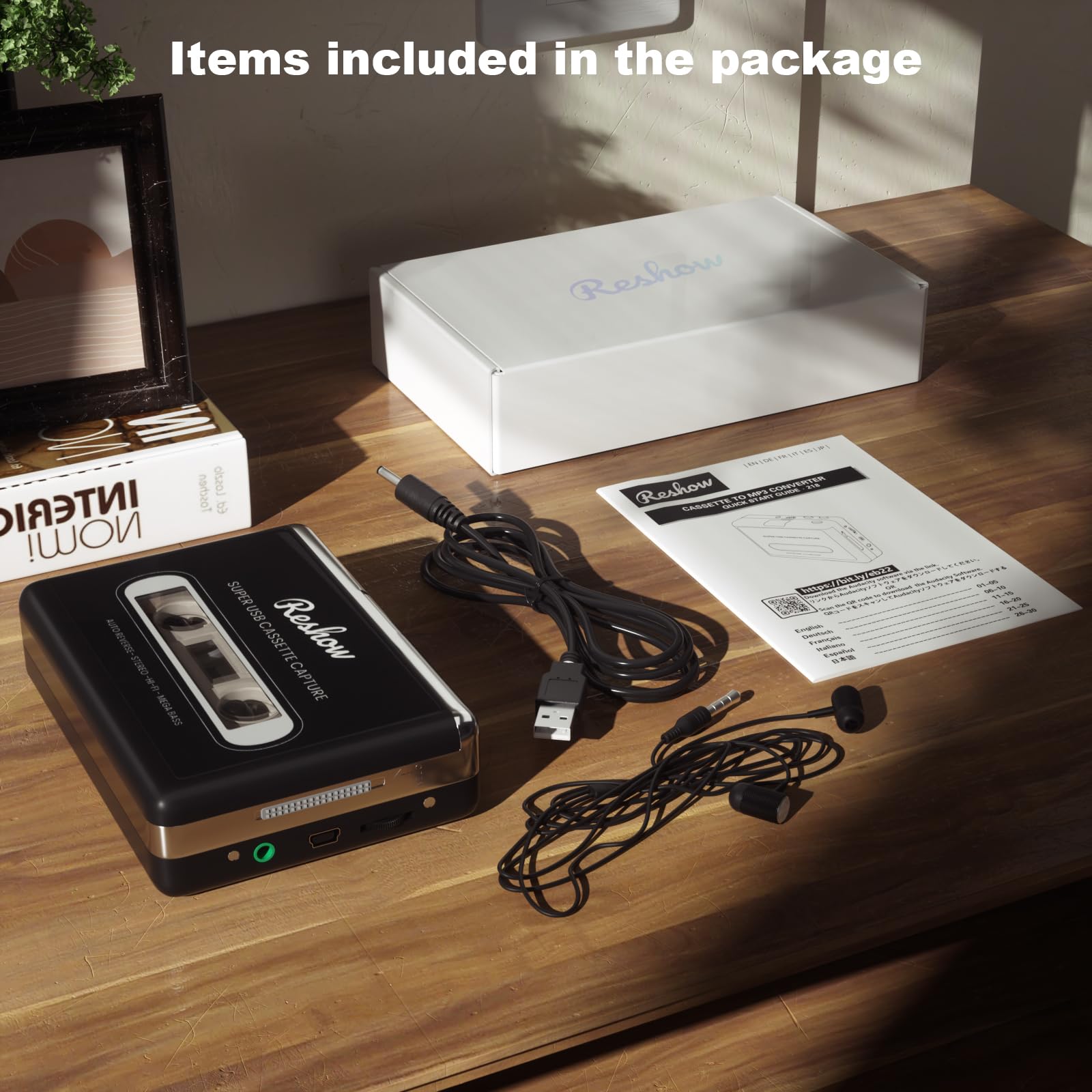 Reshow Lecteur de cassettes - Lecteur de cassettes portable - Convertisseur de cassettes audio analogiques vers numériques, compatible avec ordinateurs portables et ordinateurs personnels - Convertit