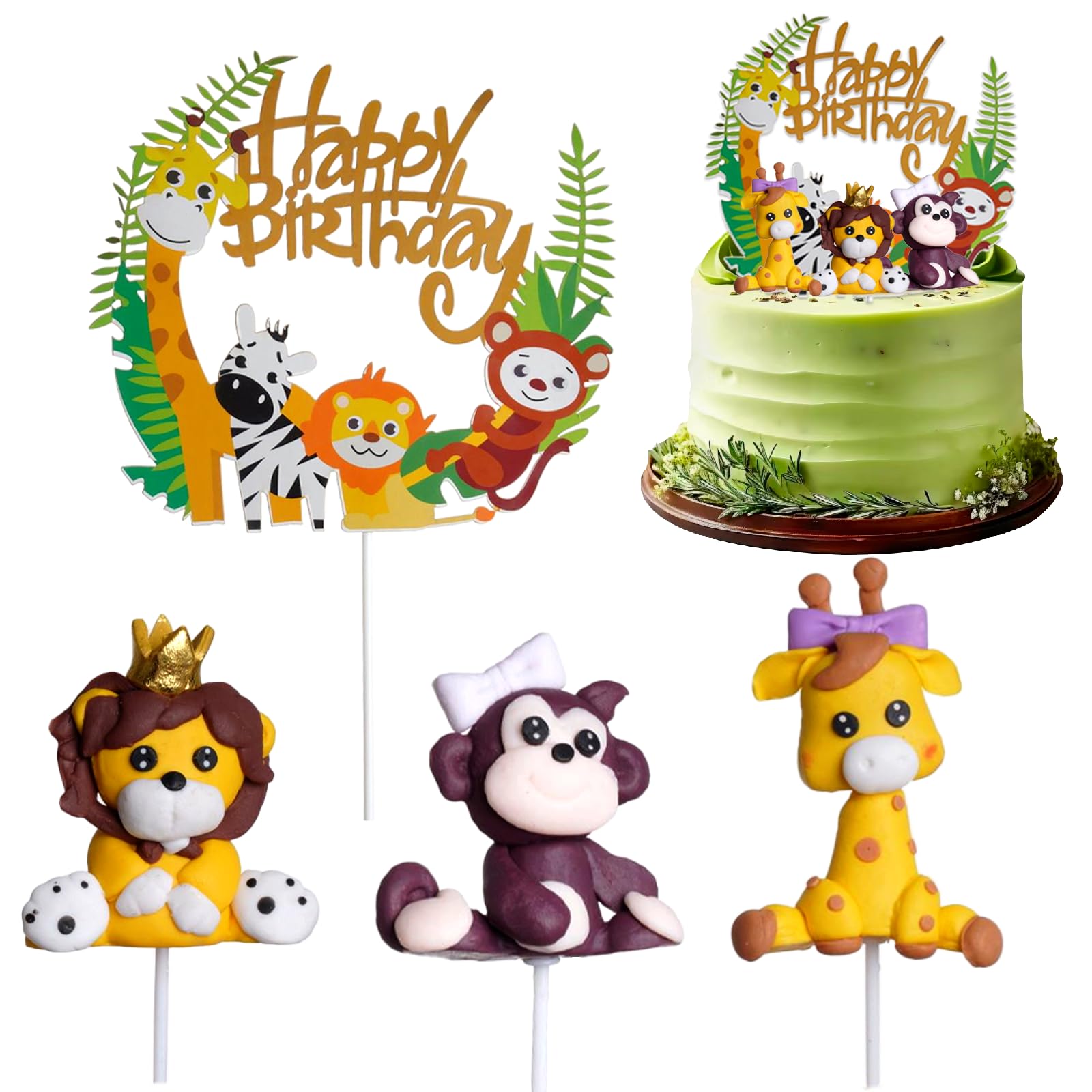 Jungle Animal Cake Toppers, Safari Cake Topper Happy Birthday Cake Toppers Cake Decorations Fox, Tiger, Giraffe Cake Topper for Boy Girl, Birthday Shower Party Supplies