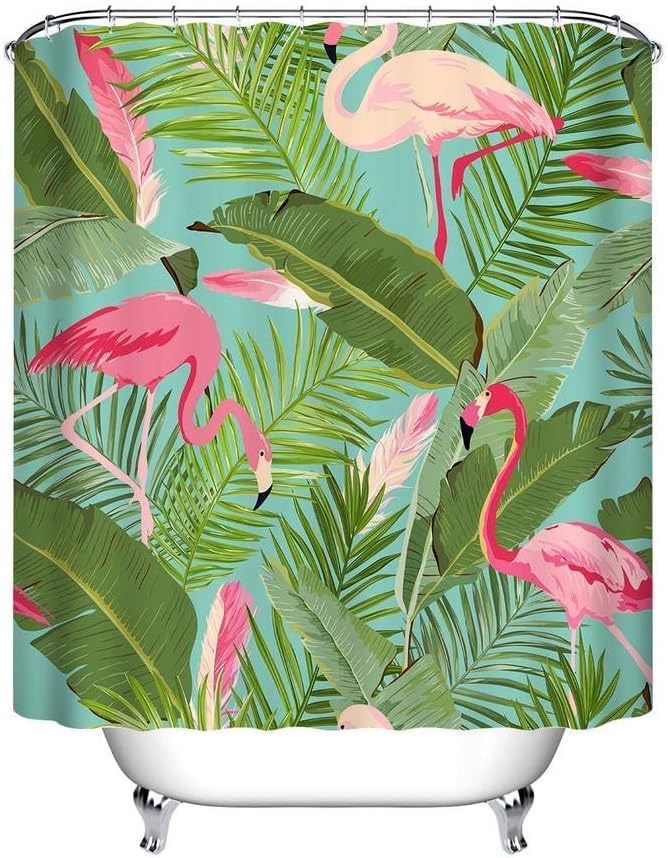 LB Tropical Pink Flamingo Shower Curtain with Hooks,180W*200H CM Summer Jungle Rainforest Leaves Bathroom Curtains for Home Decor,Anti-mould Water Resistant Washable Polyester Fabric