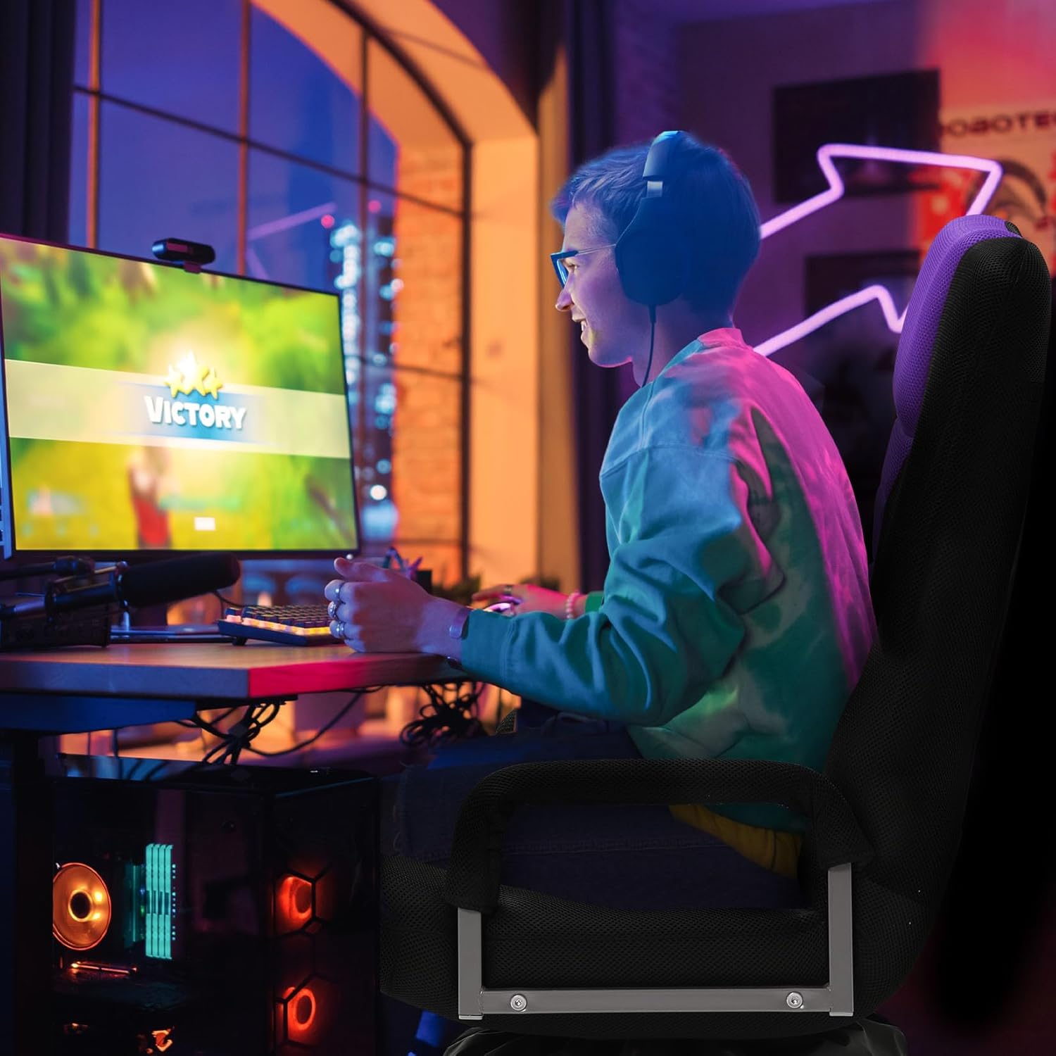 Swivel Gaming Chair Multipurpose Floor Gaming Chair for Playing Video Games, TV, Reading w/Armrest Lumbar Support & 6 Adjustable Postion Backrest for Adults,Purple