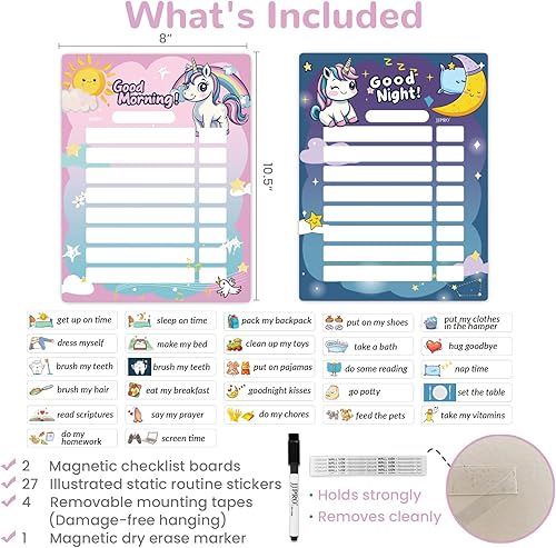 Miniatura 8 de JJPRO Pizarra blanca para niños, imán para nevera para registrar la rutina de la hora de acostarse, espacio exterior, rutina matutina, póster de