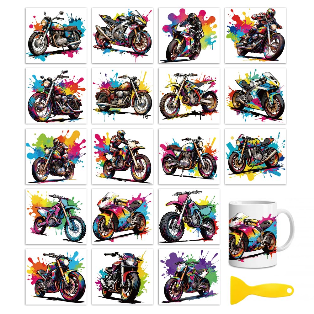 Peacoblue 18 Sheets Rub On Transfers for Crafts, Colorful Splashes Motorcycle 3.6"x3.9" UV DTF Cup Wrap Waterproof Cold Transfers Stickers for Wood Glass Cup Tumblers Mirrors Mugs Home Decor