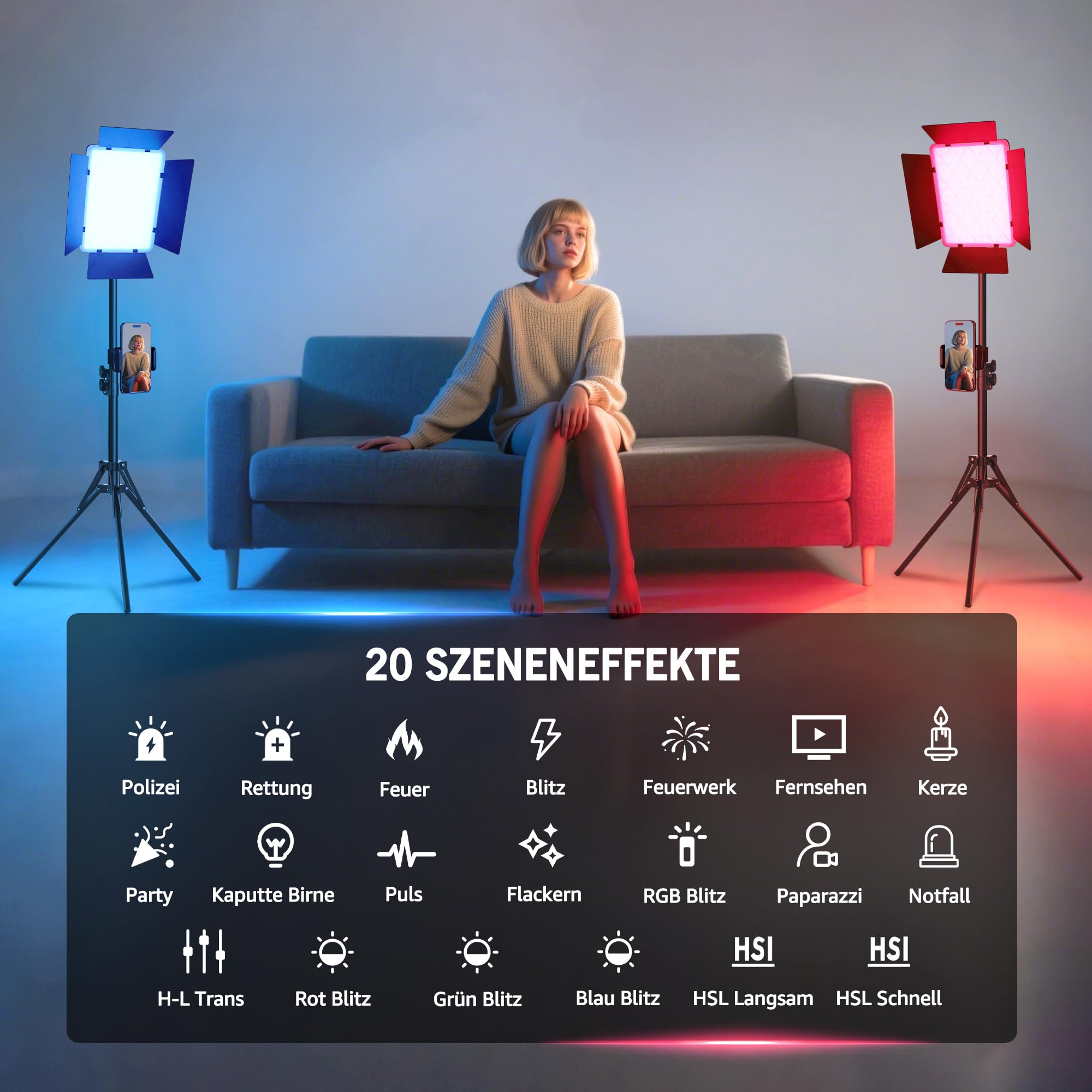 Niceveedi 15" RGB Videolicht, 2-Pack 40W LED Foto licht mit Fernbedienung und Handyhalterung, 2700K-6500K Studio Panel Licht mit RGB/CCT/HSI/Szenenmodus für YouTube/TikTok/Live-Streaming (1 Pack)
