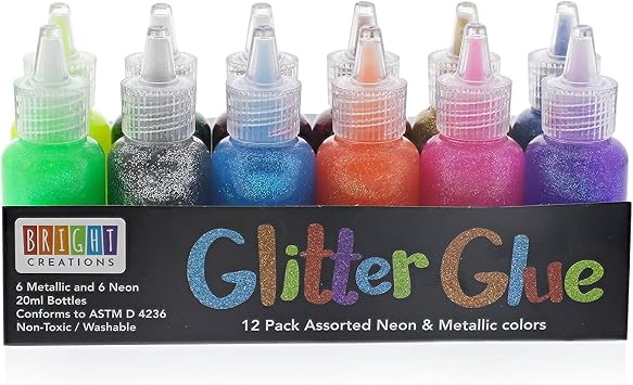 Bright Creations Glitter Glue for Crafts & Glue Pens - Easy-Squeeze Washable Bottles Bulk Multipack Craft Glitter - Pack of 12, 20 ml, Neon Metallic Colors