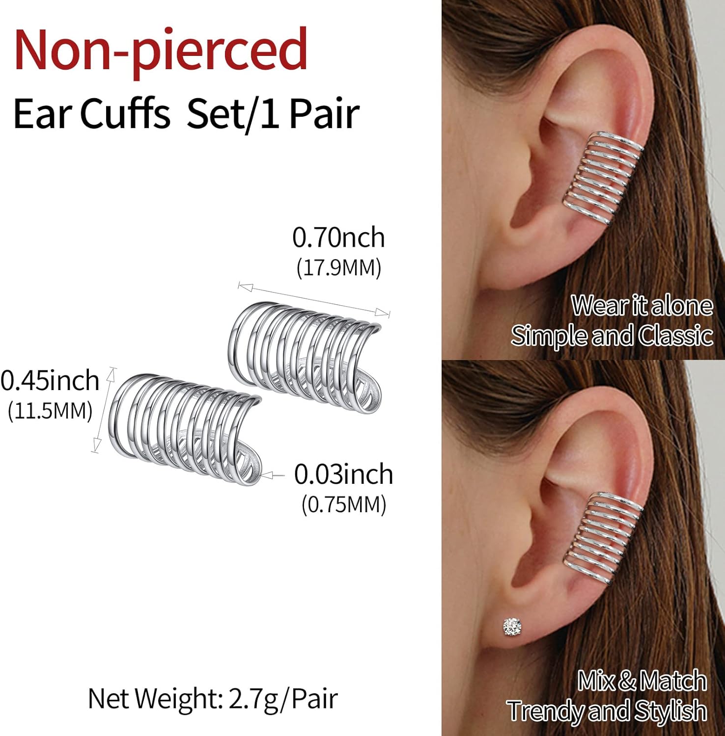ChicSilver 925 Sterling Silver Ear Cuff Earrings Non Piercing Clip on Cartilage Cuff Earrings for Women