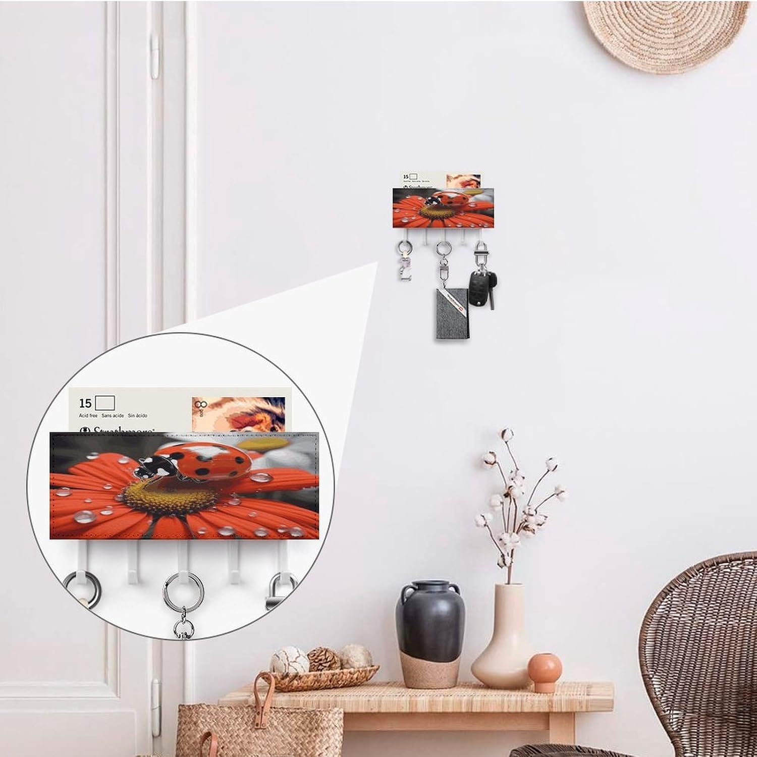 PU Leather Key Holder Wall Mount Key Organizer, Decorative Adhesive Key Rack with 5 Key Hooks, Fashion Ladybug Daisy Key Hanger Decor for Entryway Door Bathroom Kitchen Hallway