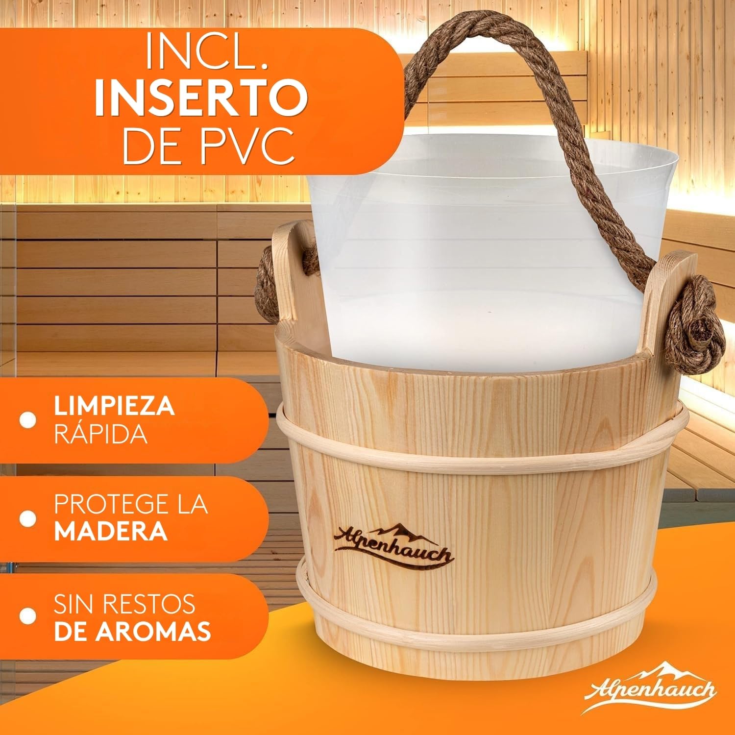 ALPENHAUCH Cubo de sauna con cuchara [100% madera natural] - Cubo de sauna elegante con reloj de arena y termómetro - Accesorios duraderos para sauna - Juego de cubo para sauna (cubo de sauna con