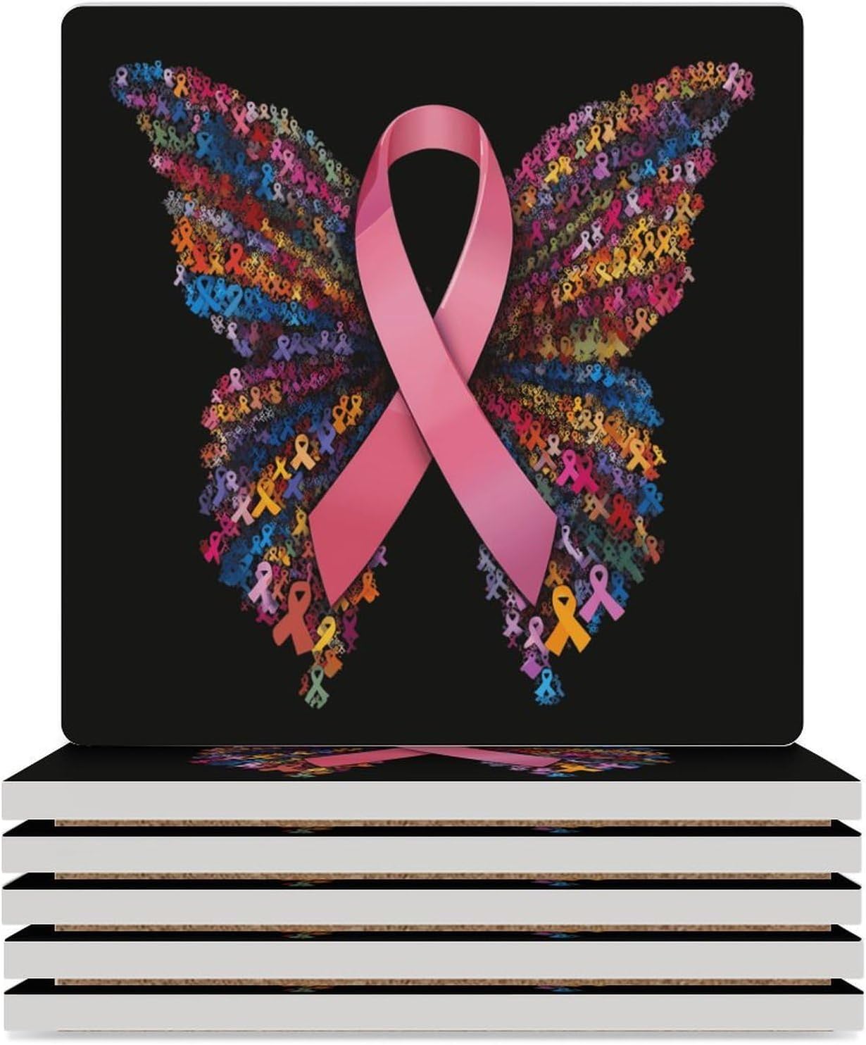 Breast Cancer Rainbow Ribbon Butterfly Coaster for Drinks Square Ceramic Table Coasters Stone Mat Crafts 6PCS Home Kitchen Decor