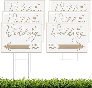 6 Packs Wedding Direction Arrow Signs with H Stakes, Wedding This Way Plastic Signs Double Sided Printed, Waterproof Directional Arrow Lawn Yard Decorations, 16 x 12 Inch(Gold)