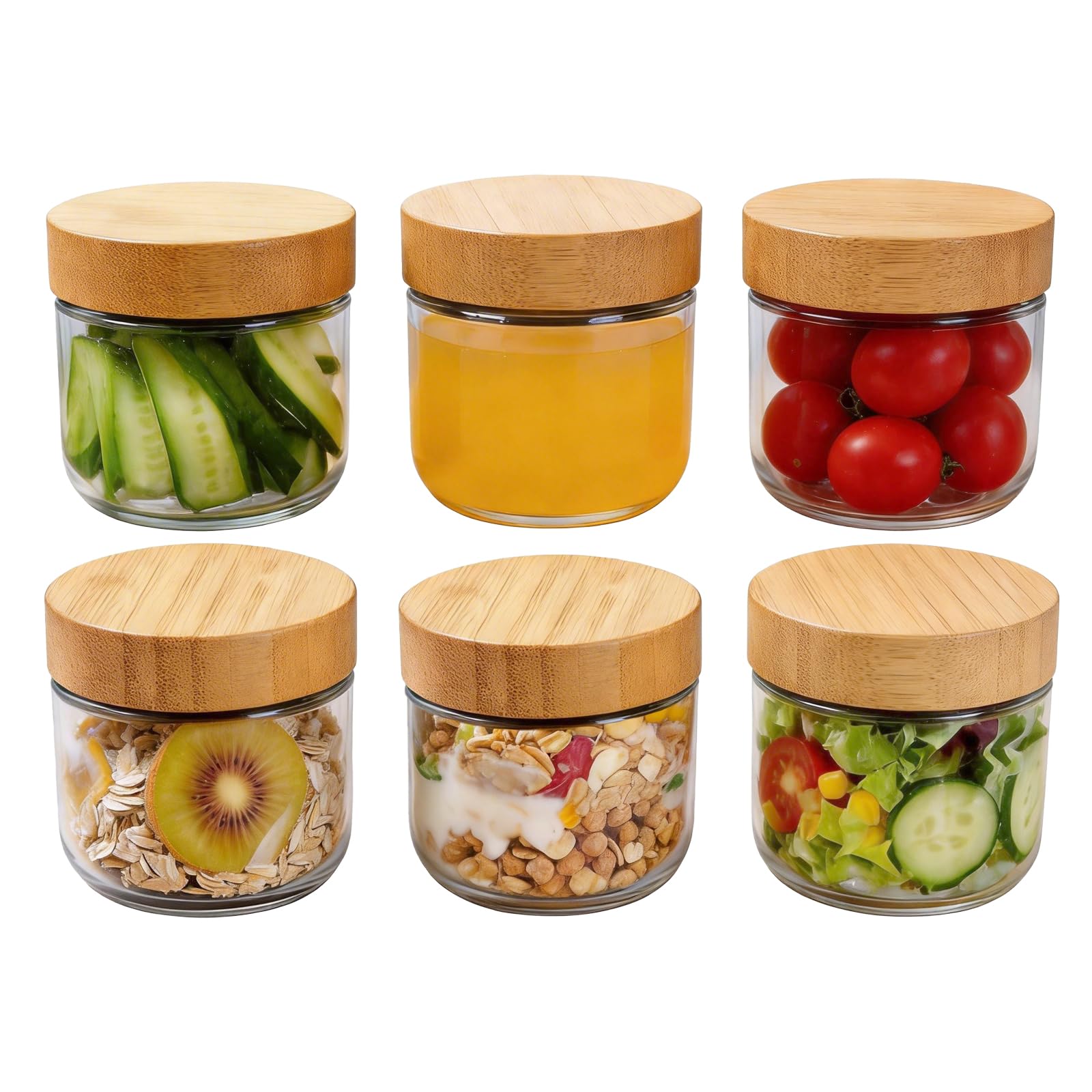 Hniuyun Clear Overnight Oats Jars 10 Oz - 6 Pack Glass Containers With Bamboo Airtight Lids For Yogurt, Chia Pudding & Meal Prep