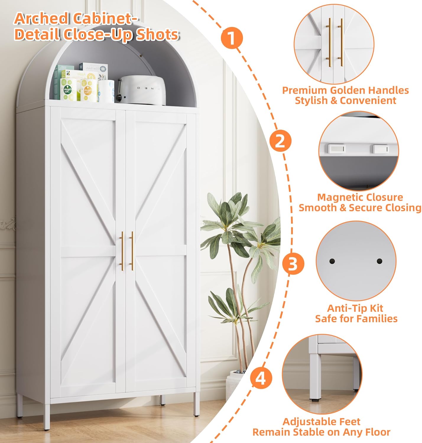 Metal Arched Pantry Cabinet with 6 Adjustable Shelves,White Tall Arched Cabinet with 2 Doors for Kitchen,Dining Room,Laundry, Required Assembly,72.8" H x 30.7" W x 15.4" D.