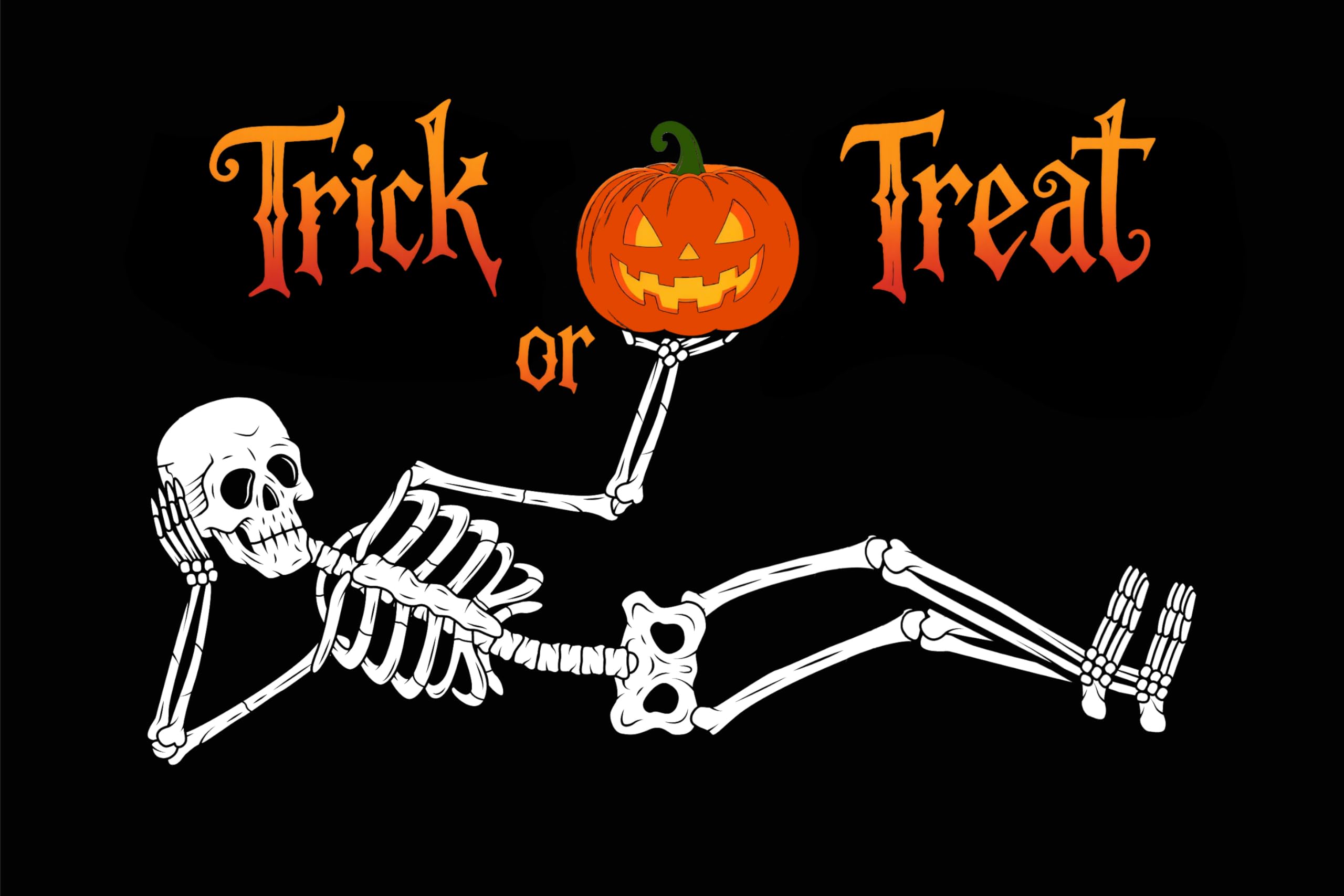 ShineSnow Trick or Treat Funny Resting Skeleton Skull with Face Pumpkin Halloween 3x5 Feet Flag, Polyester Double Stitched with Brass Grommets 3 X 5 Ft Flag for Outdoor Indoor Home Decor