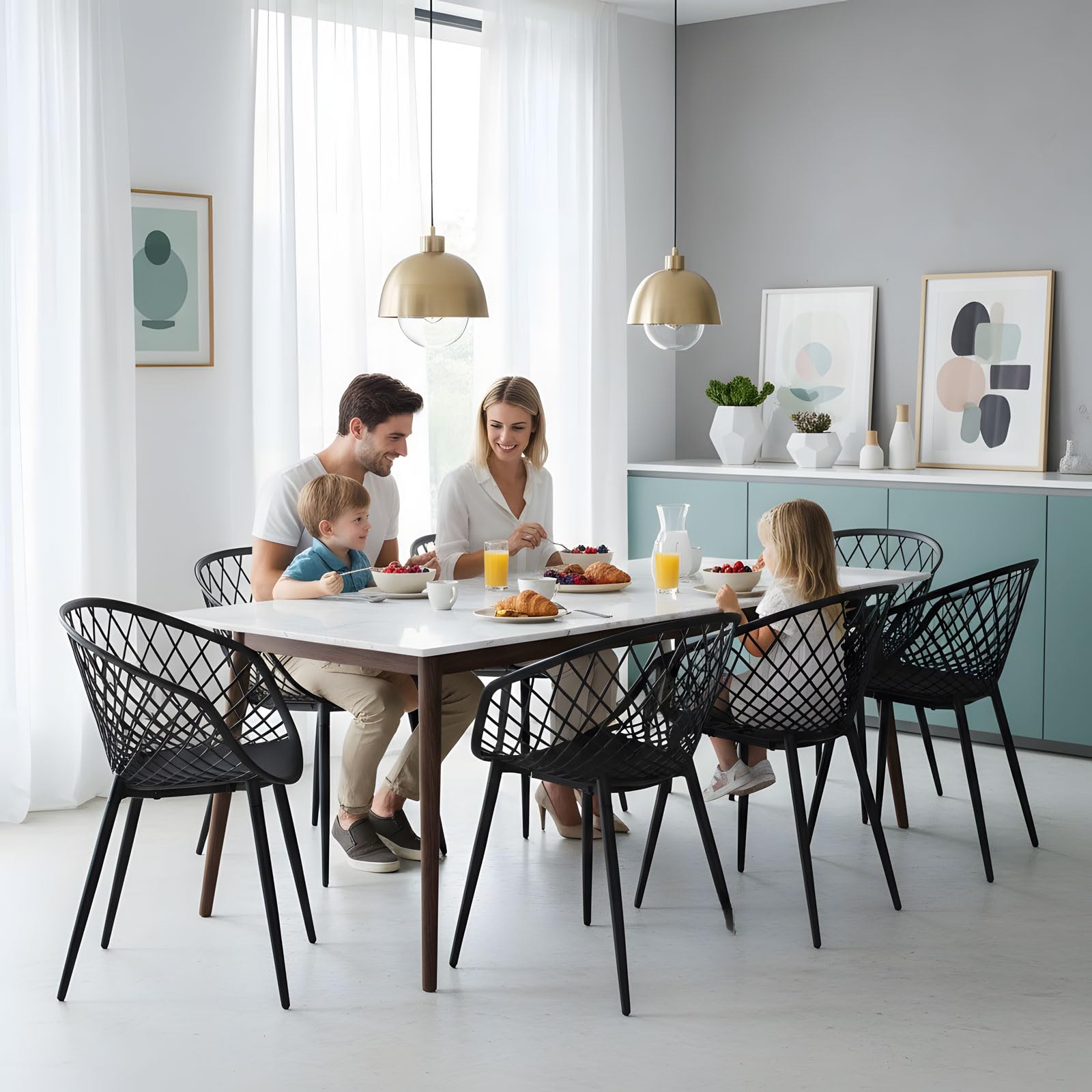 Juego de 6 sillas de comedor – Sillones de exterior resistentes a la intemperie, color negro de plástico con reposabrazos, muebles de jardín balcón y muebles de terraza para interior y