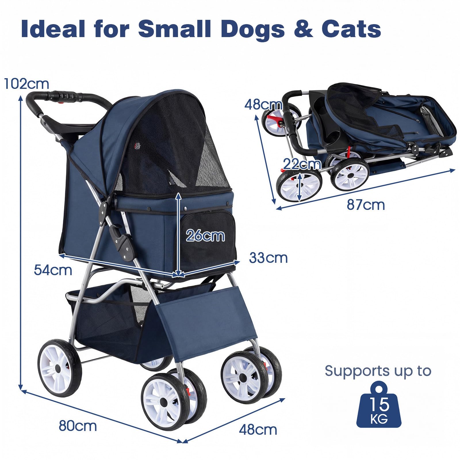 DREAMADE Hundebuggy klappbar, Hundewagen bis 15 kg, Katzenwagen mit Getränkehalter & Aufbewahrungskorb, leichter Katzenbuggy mit Rädern & verstellbarem Sonnendach, Reisewagen für Haustiere (Blau)