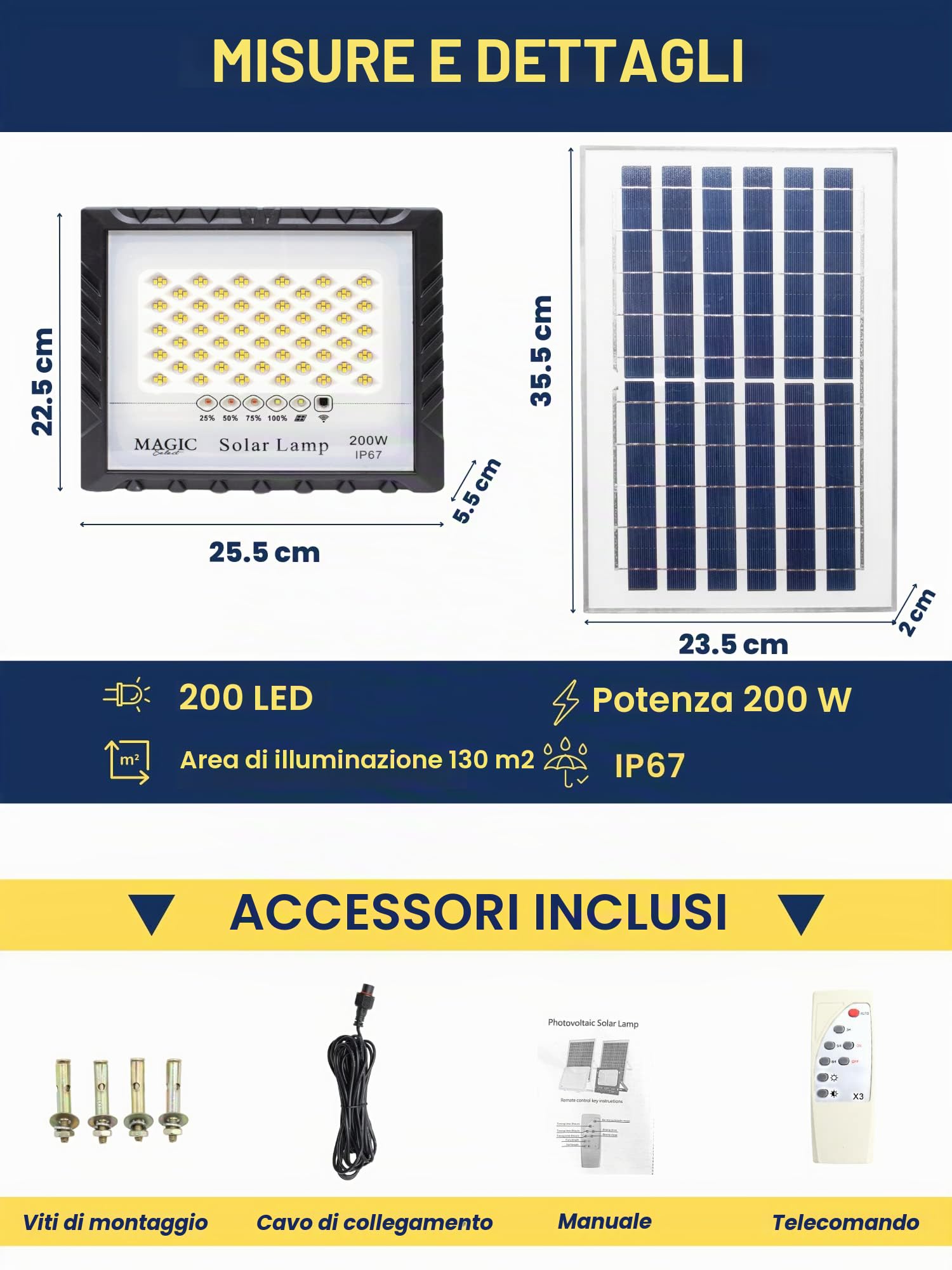 Faretto proiettore 200 W 200 LED con pannello solare fotovoltaico, telecomando e sensore di accensione automatica. Faretto solare IP67 con luce bianca, illuminazione per esterni, patio, giardino,