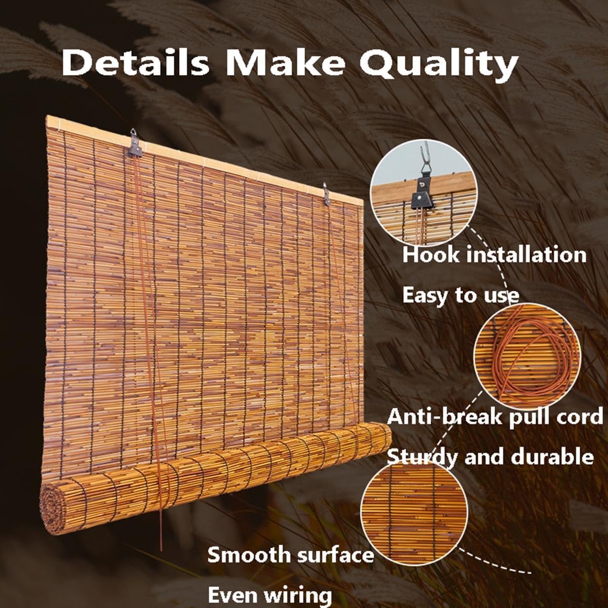 Outdoor Bamboo Roller Blinds 72 84 108 64 48 36" W, Natural Reed Patio Shades Waterproof Roll Up Exterior Window Blinds Privacy for Porch Sunroom Garden Sun Shade, Cordless(40" W x 64" H)