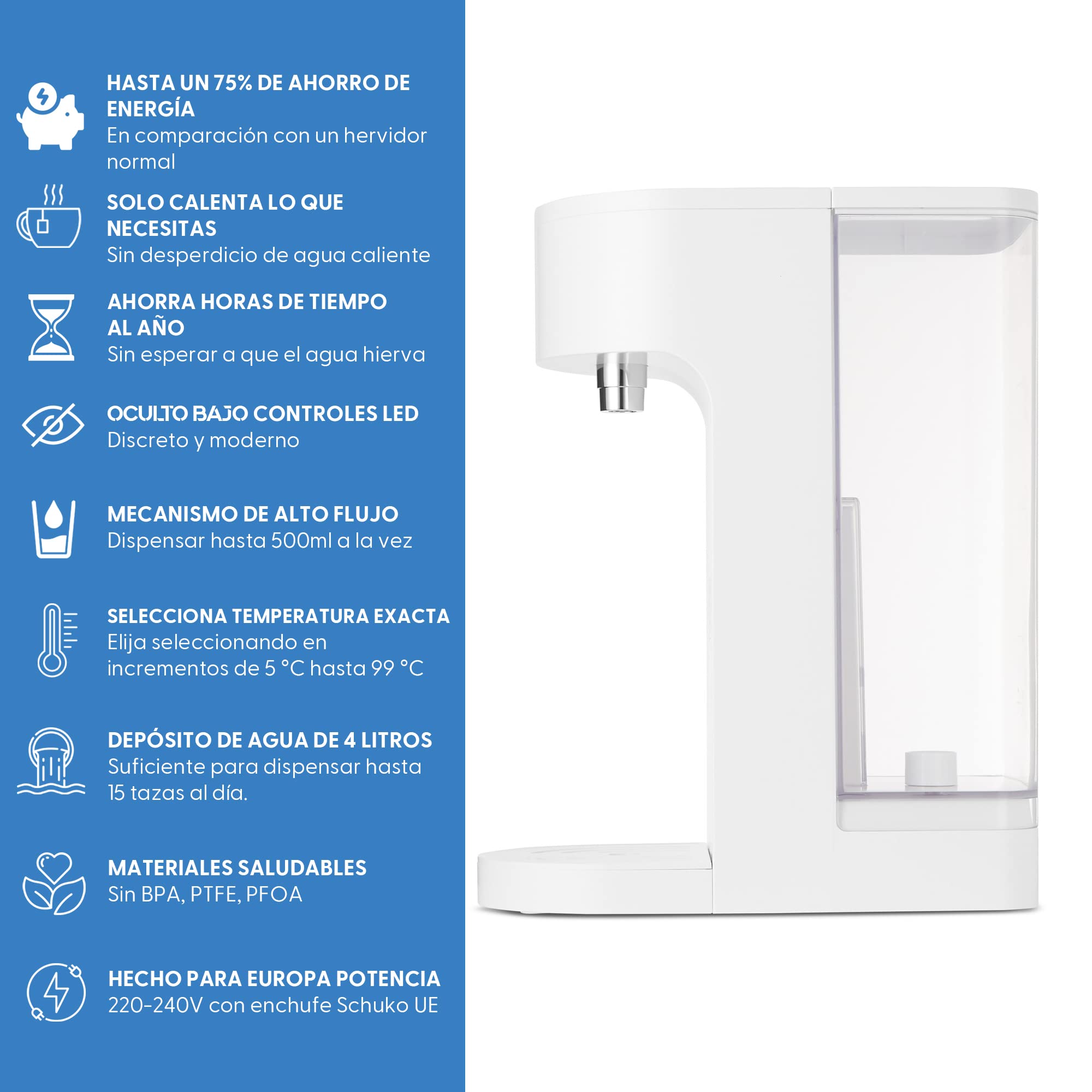 Yum Asia Oyu "Oculto debajo" Dispensador de agua caliente instantáneo digital con pantalla táctil LED blanca, Capacidad de 4 litros, Ecoboil, Tecnología InstaHEAT, 220-240V, Alimentación de la UE