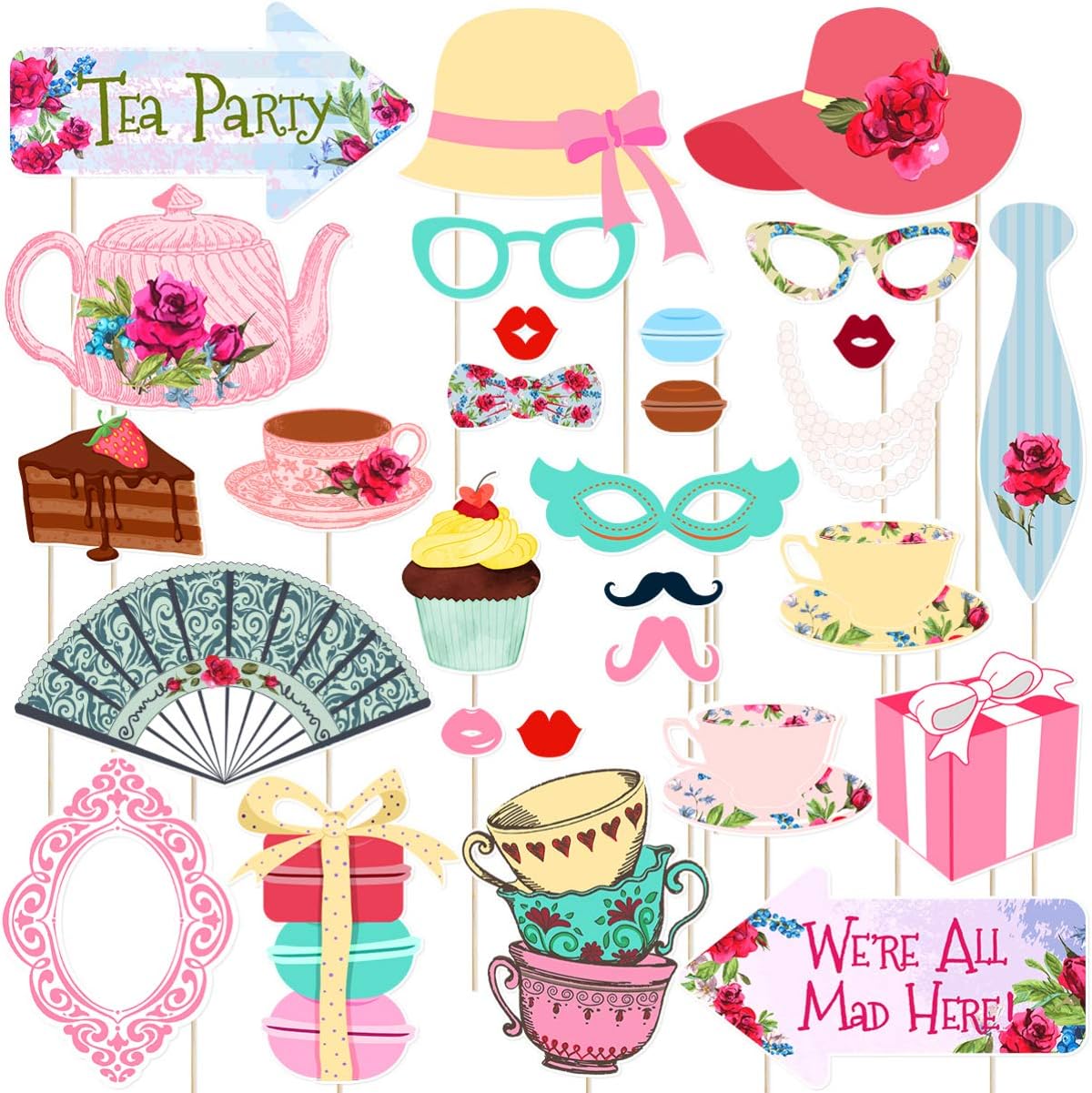 Tea Party Photo Booth Props Tea Party Stick Props Funny Tea Party Supplies Wedding,Bachelorette,Engagement,Birthday,Bridal Shower,Christmas Party Decorations (30 Pack)