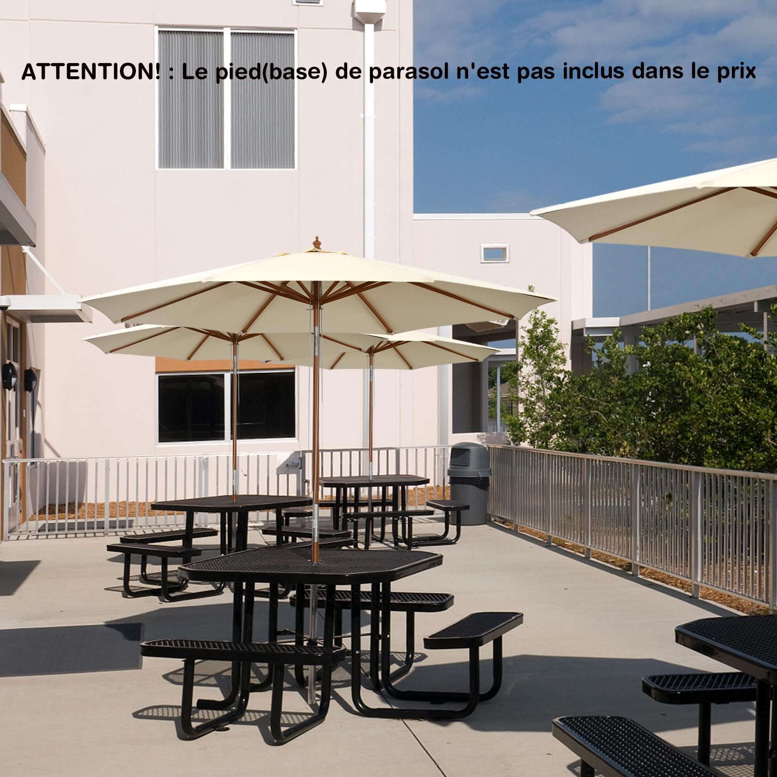 GOPLUS Parasol de Jardin Exterieur 3M, Parasol Inclinable à Corde en Bois avec 8 Baleines en Bambou, Levage par Poulie, Protection Solaire, pour Piscine, Cour, Base Non Incluse