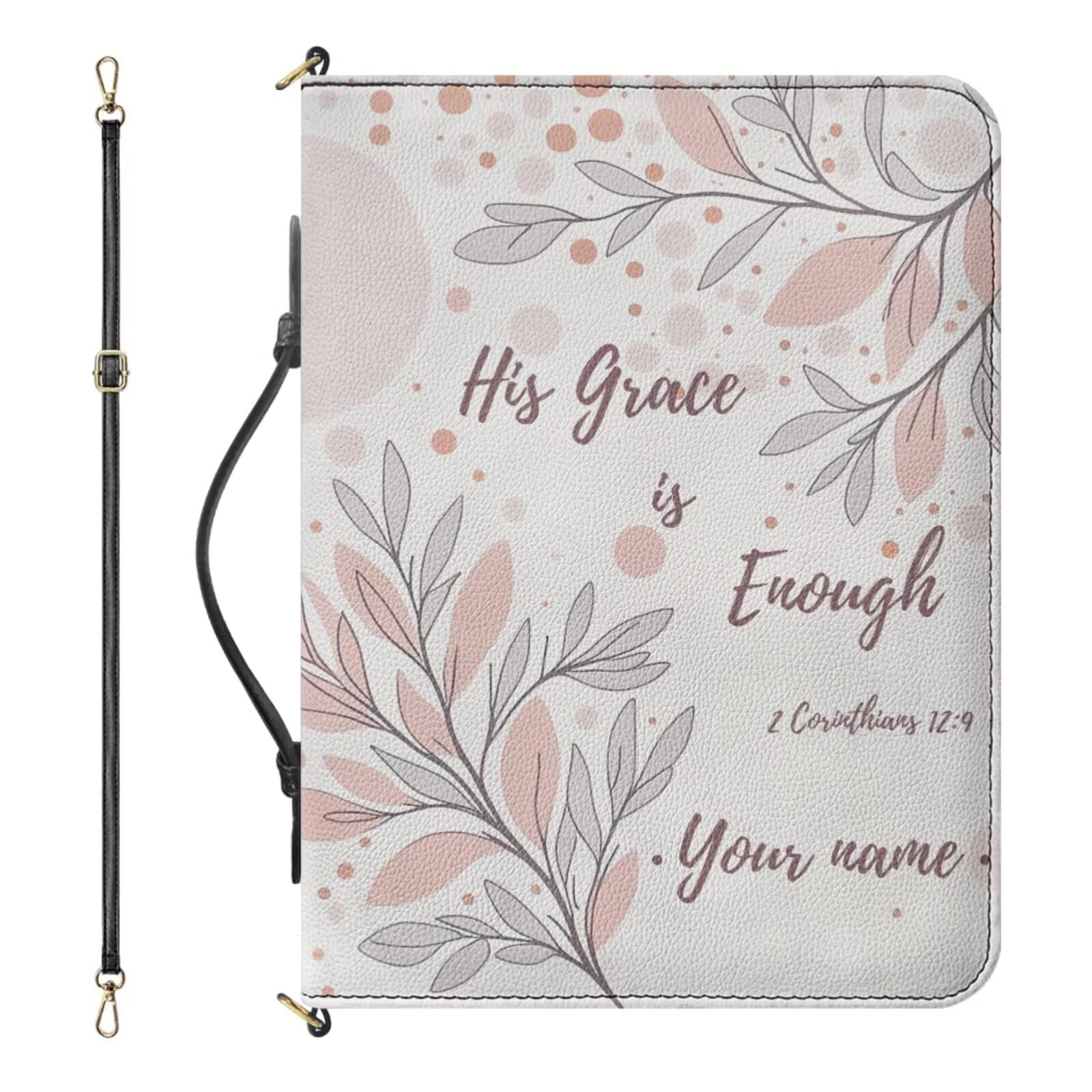 Drnuikhe Personalized Bible Bag for Women, Extra Large Bible Cover Case with Name, II Corinthians 12:9 Bible Holder with Strap Handle Inner Pockets and Pen Loop,Church Bags for Women, White