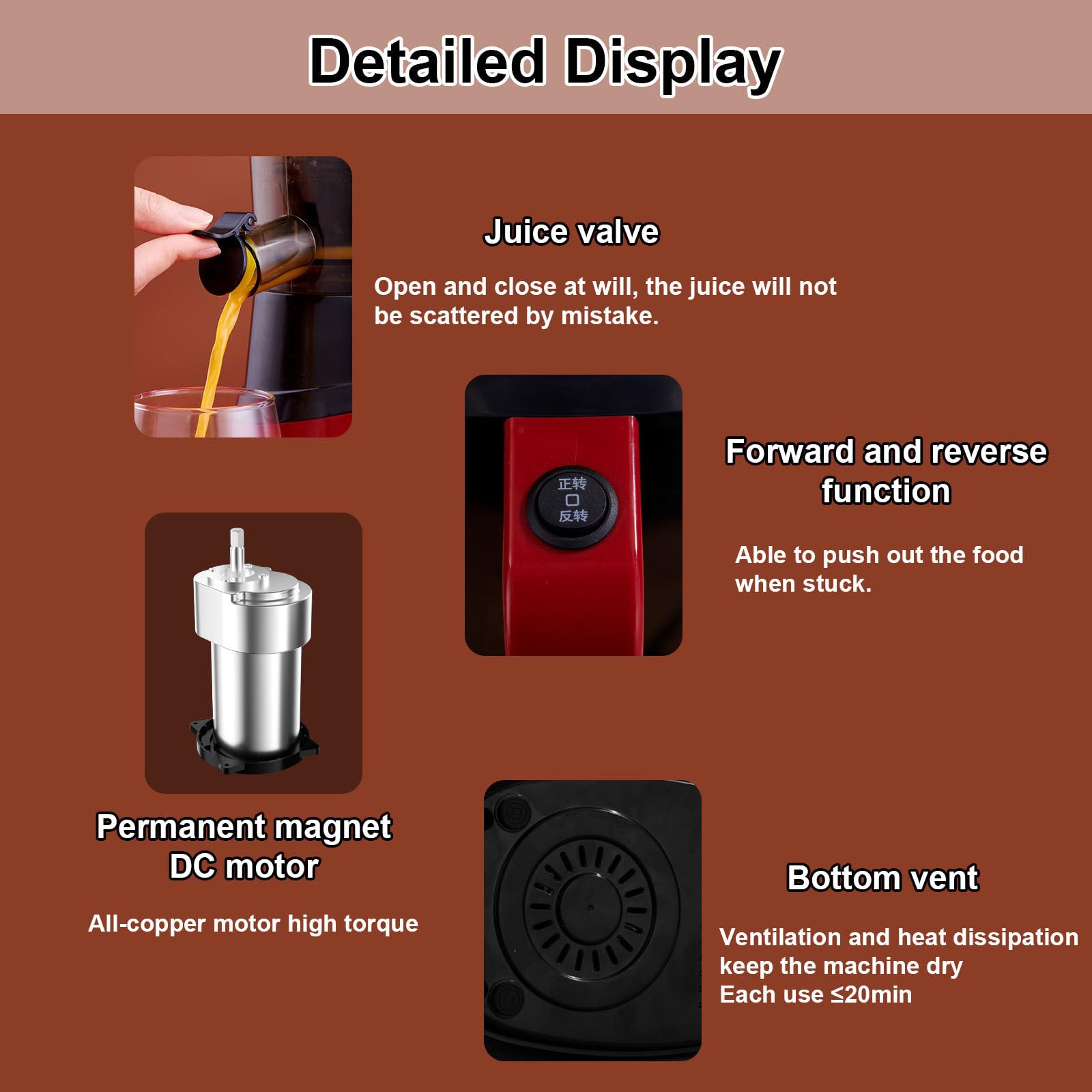 Estrattore di Succo A Masticazione Lenta da 150 W, Tecnologia di Spremitura A Freddo A 50 Giri/Min, Separazione Automatica di Succo E Polpa, Ampio Condotto, Funzione avanti/Indietro