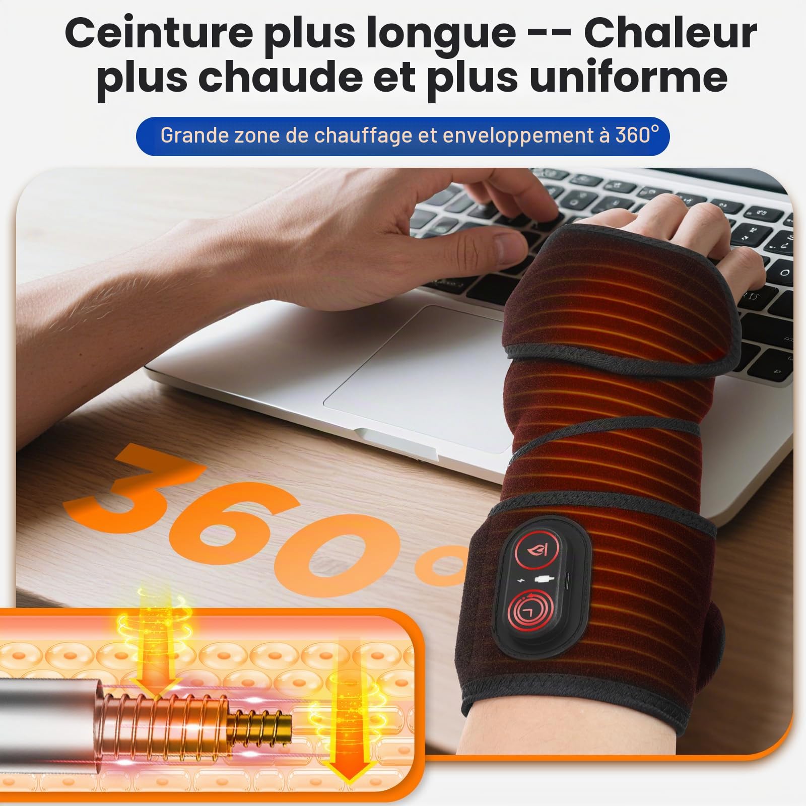 Coussin chauffant sans fil pour bras coude jambe 5000 mAh chauffage rapide 3 réglages chaleur durée