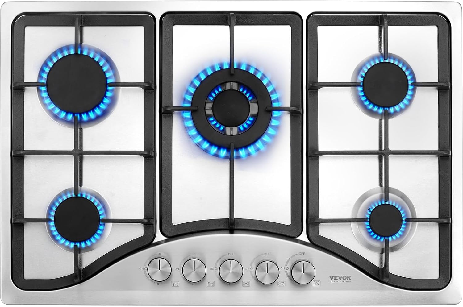 VEVOR 30 inch 5 Burners Cooktop Max 12250BTU Built-in Stainless Steel Stove Top LPG/NG Convertible Dual Fuel Natural Gas Hob with Thermocouple Protection for Outdoor Kitchen