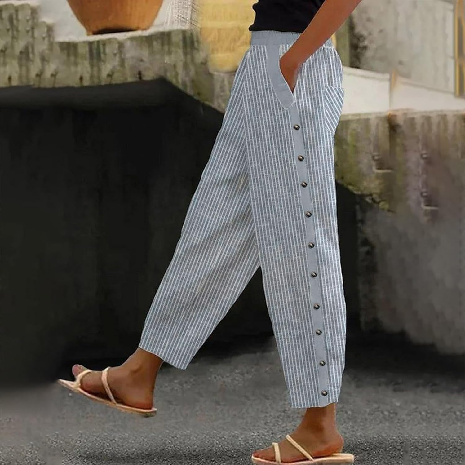 TIAFORD Women's Summer Casual Striped Wide Leg Capri Pants Loose High Elastic Waist Beach Vacation Trousers with Pockets - Image 2