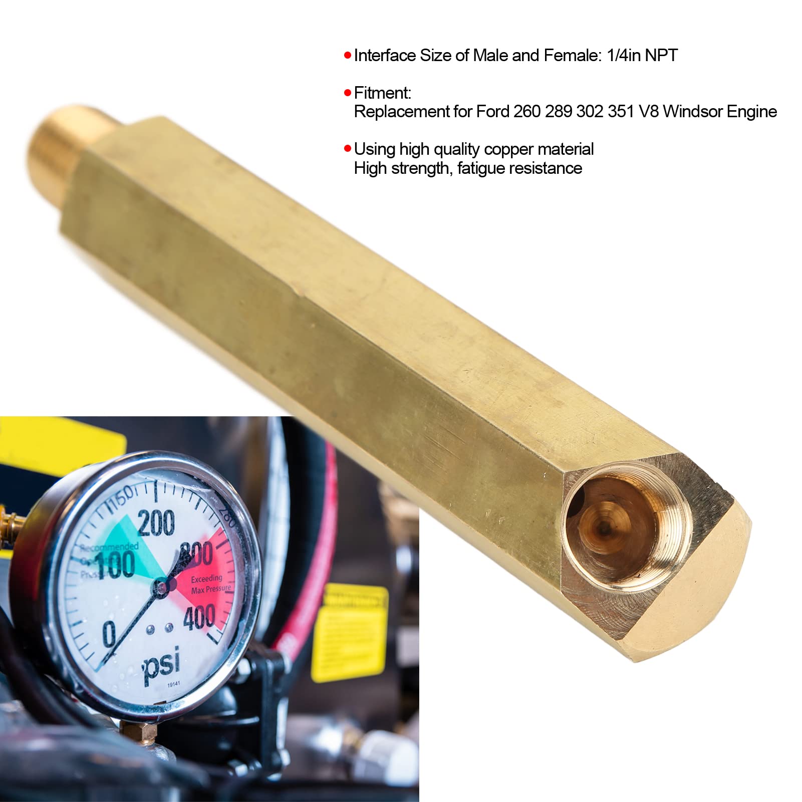 Gold-Tone Oil Pressure Gauge Extension – 1/4 NPT, Fits Ford 260/289/302 V8 Engines
