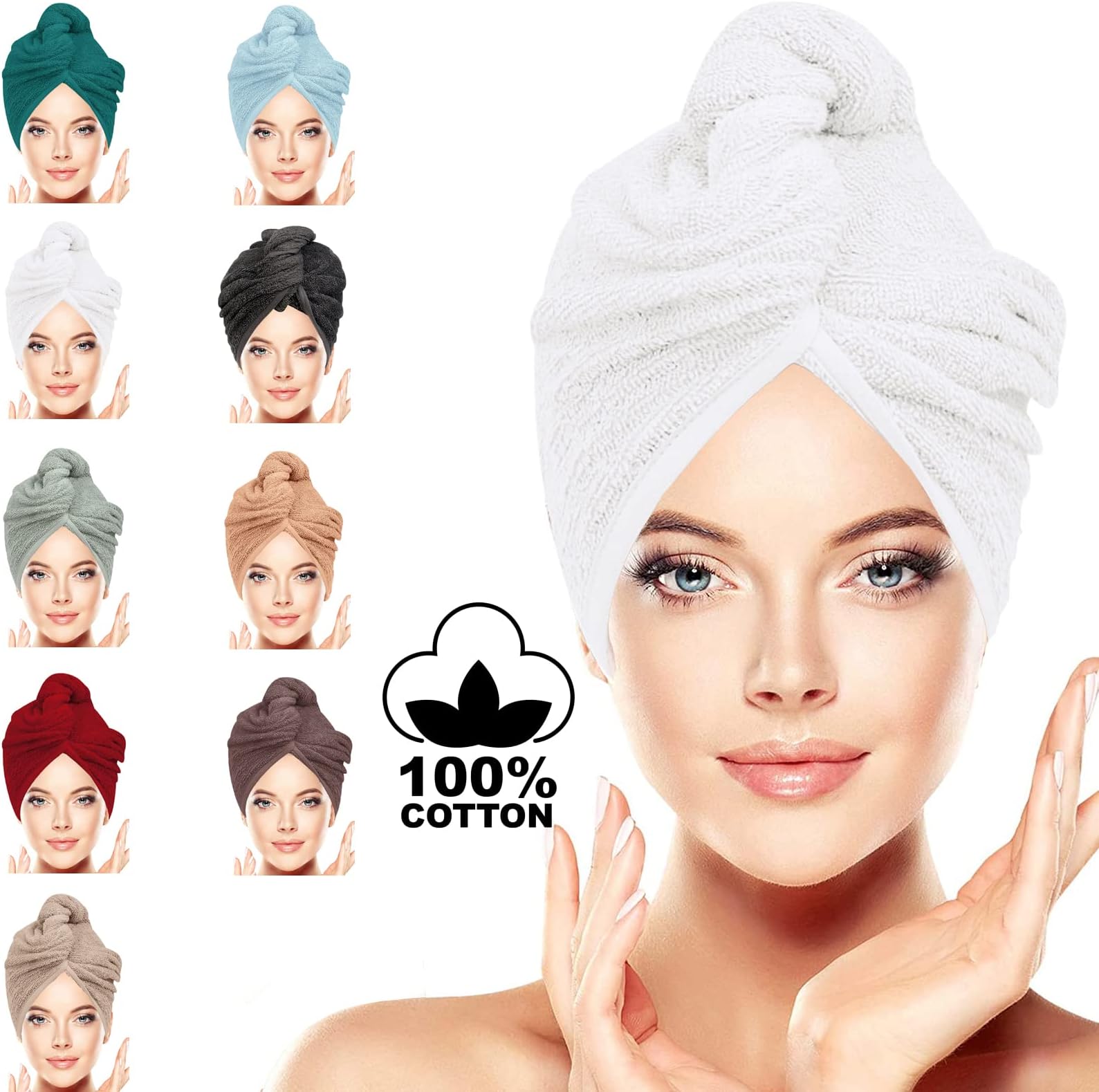 BAVIN LUXURY Hair Towel Wrap 100% Cotton, Instant Drying Lightweight Turban Cap Super Quick Absorbent Anti-Frizz Twist Toweling Dry Hat with Button Loop for Long Curly Hairs, 62CM x 23CM White Sinlge