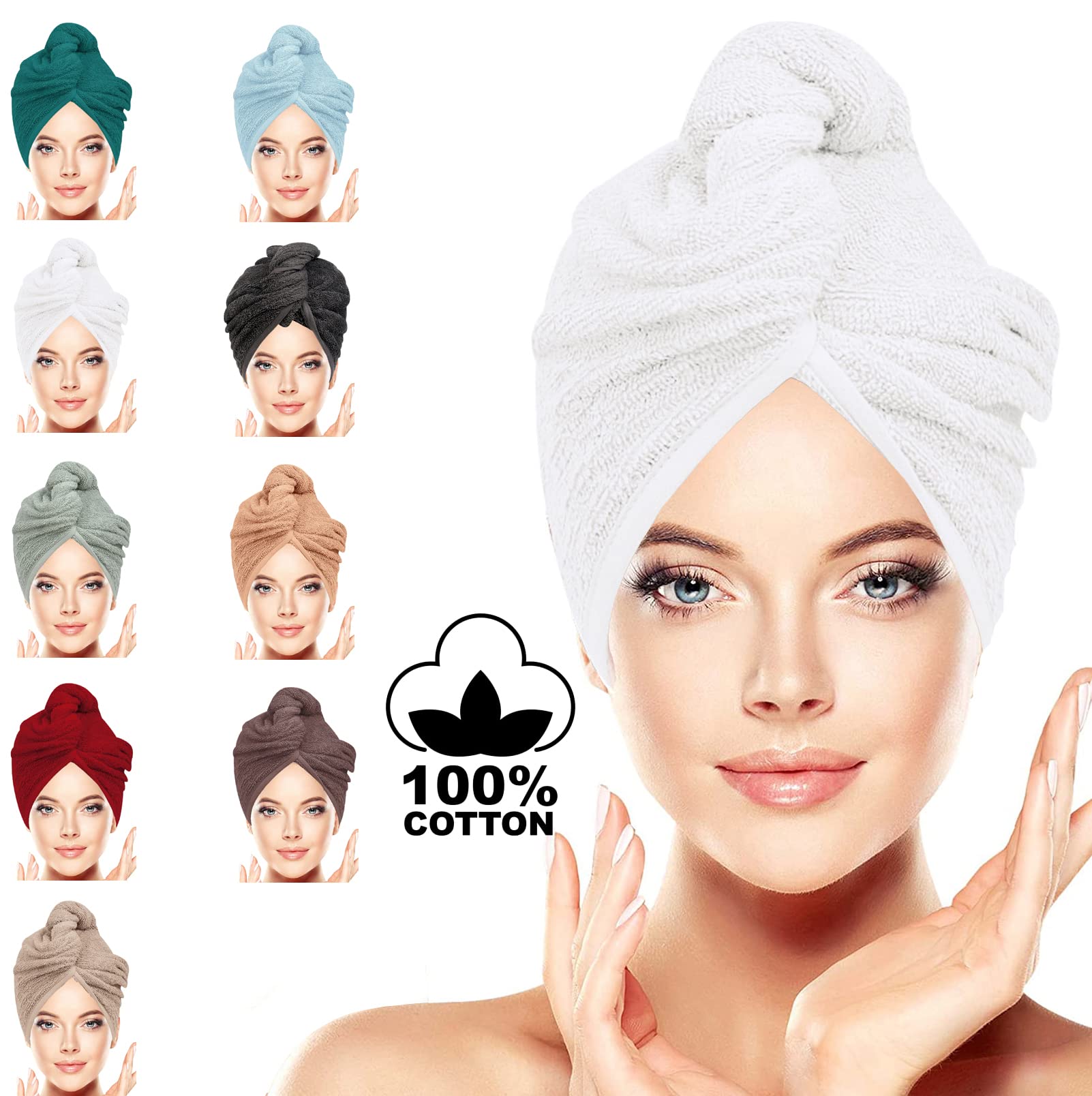 LUXURY Hair Towel Wrap 100% Cotton, Instant Drying Lightweight Turban Cap Super Quick Absorbent Anti-Frizz Twist Toweling Dry Hat with Button Loop for Long Curly Hairs, 62CM x 23CM White Sinlge