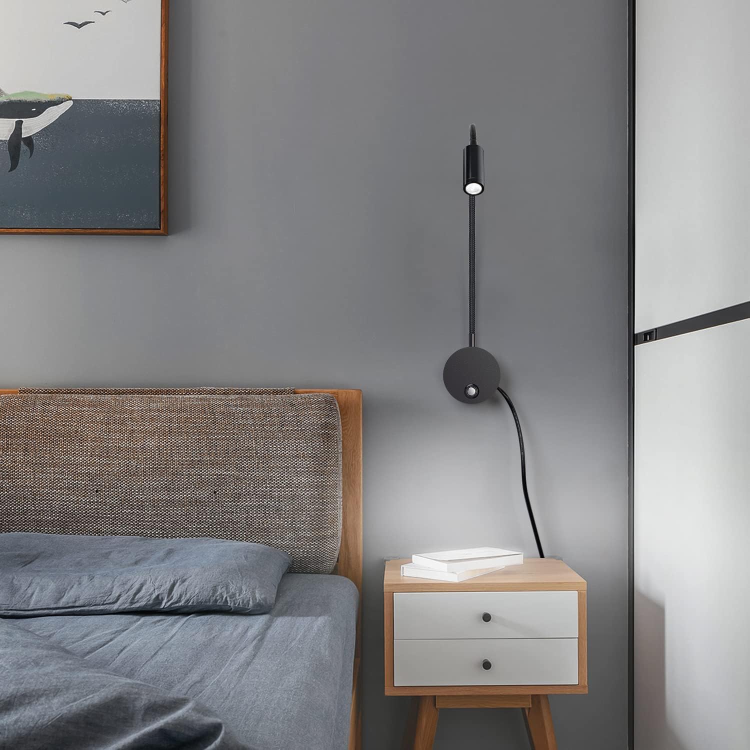 ERWEY Liseuse murale, Lampe de chevet murale LED avec interrupteur tactile dimmable et port de charge USB, 3W liseuse de lit pivotante à 360° avec prise et câble pour chambre, 3000-6000K, Noir