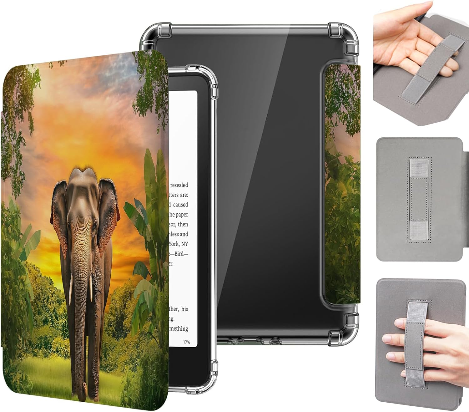 Case for 7'' All-New Kindle Paperwhite 12th Generation and Kindle Colorsoft Signature Edition 2024 Release - Lightweight PU Leather & Clear Back Smart Cover with Hand Strap, Jungle Elephant