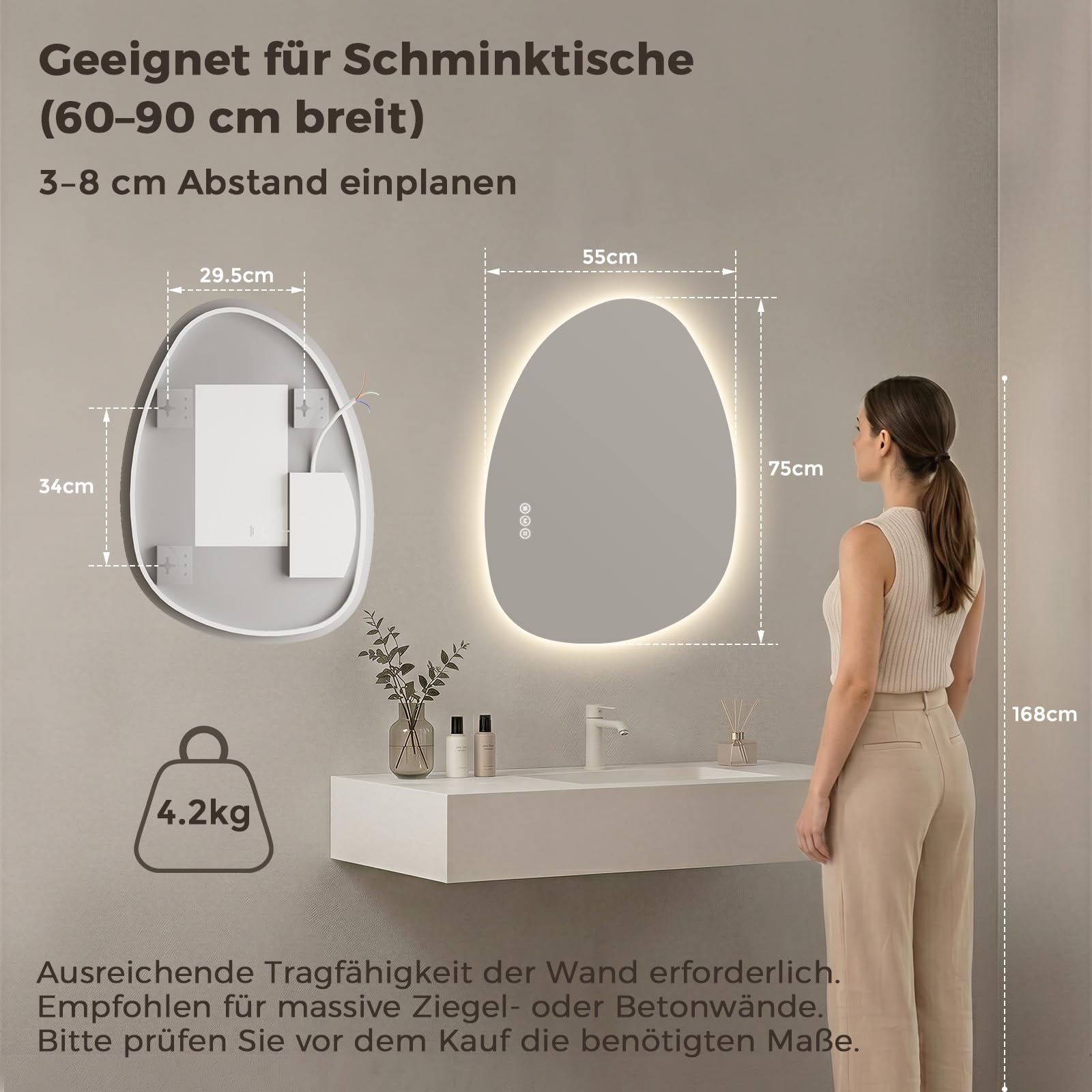 S'AFIELINA badspiegel asymmetrisch mit Beleuchtung 75x55, LED Badezimmerspiegel Dimmbar, Anti-Beschlag, 3 Lichtfarben, Organischer Wandspiegel für Bad Flur Gäste-WC, IP44, Memory, Horizontal/Vertikal