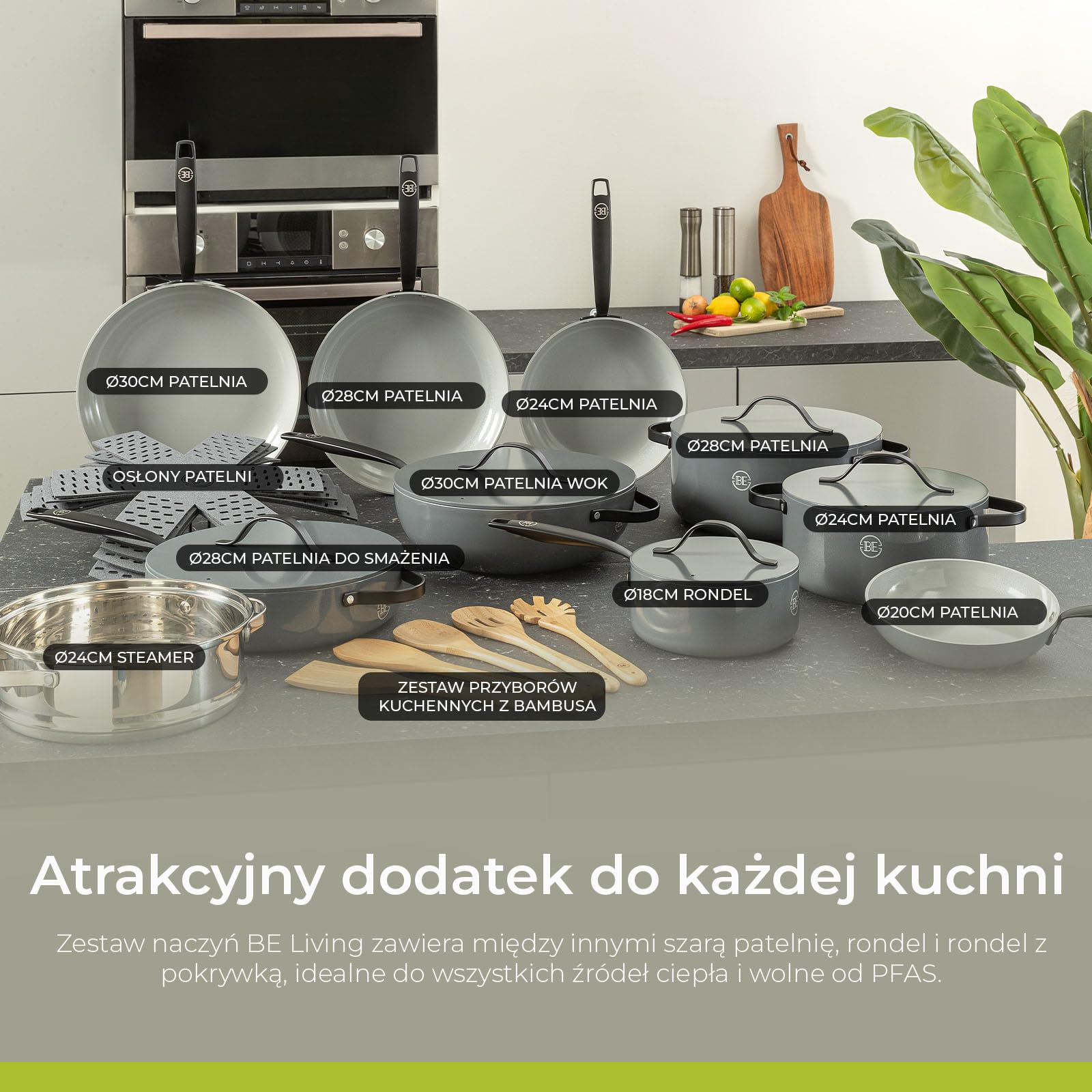 BE Living Essential 5-częściowy zestaw garnków, Ø 20, 24 i 28 cm patelnia do smażenia + Ø 30 cm patelnia do gotowania + Ø 28 cm, zestaw patelni, ceramiczne, bez PFAS, indukcja, szary