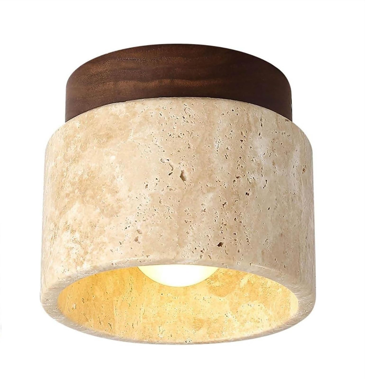 Mid Century Modern Travertine Ceiling Light – Semi Flush Mount Natural Stone and Wood Light Fixture – Hallway Light Fixtures Modern Farmhouse for Kitchen, Bathroom, Entryway,Brown
