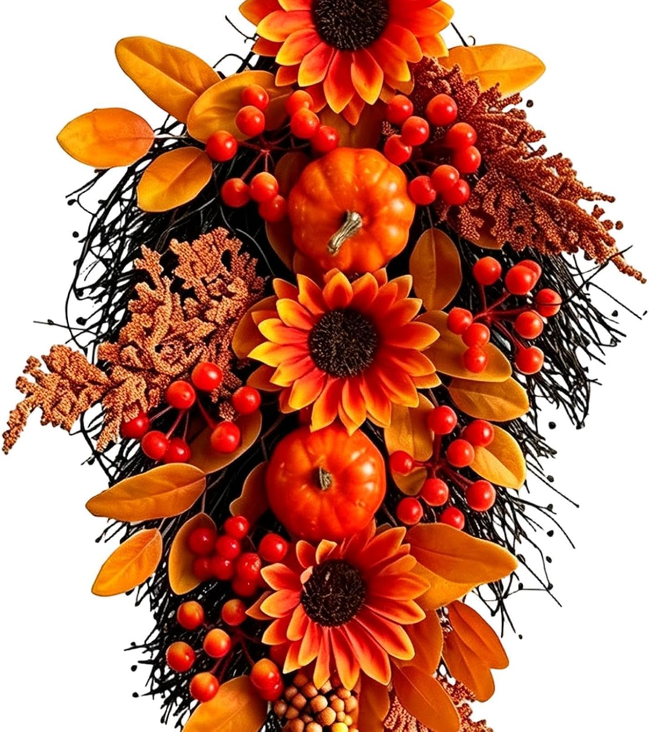 Autumn Wall Swag - Sunflower Pumpkin Artificial - Fall Berries Door Decor
