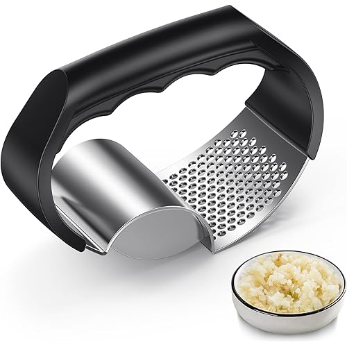 Garlic Press Rocker - Stainless Steel Garlic Crusher, 2-in-1 Easy Kitchen Gadget for Effortless Smashing