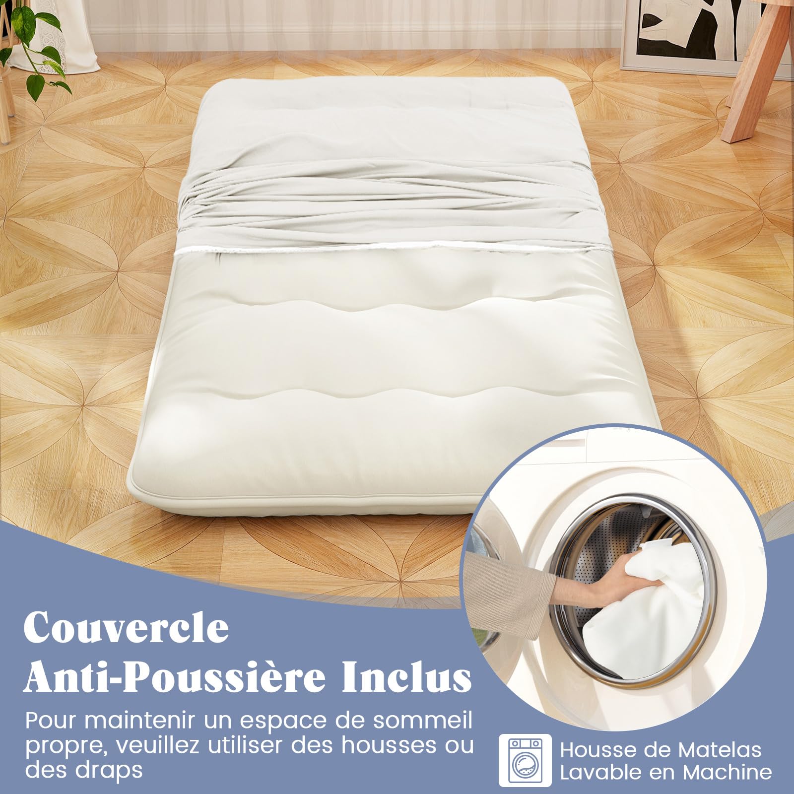 COSTWAY Matelas Futon Portable Pliable, Matelas Futon Japonais 90 x 200 cm, Housse Lavable, Matelas de Sol avec Sac de Transport, pour Le Camping, Les Voyages, d'Invités (Beige)